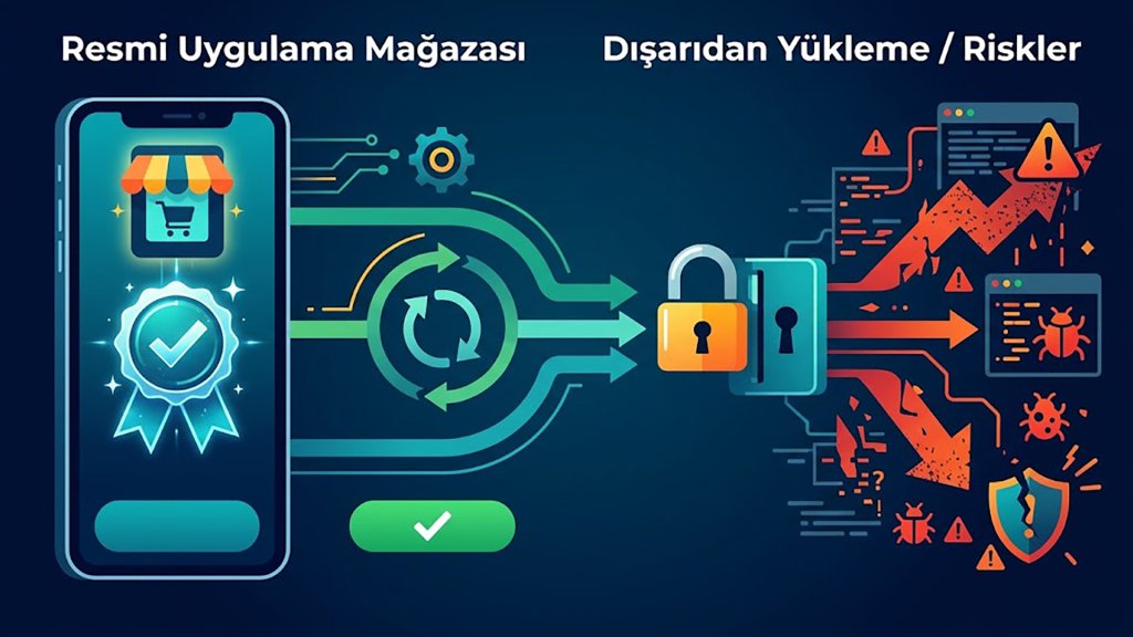 Uygulama mağazaları ve yan yükleme: imza, güncelleme ve risk